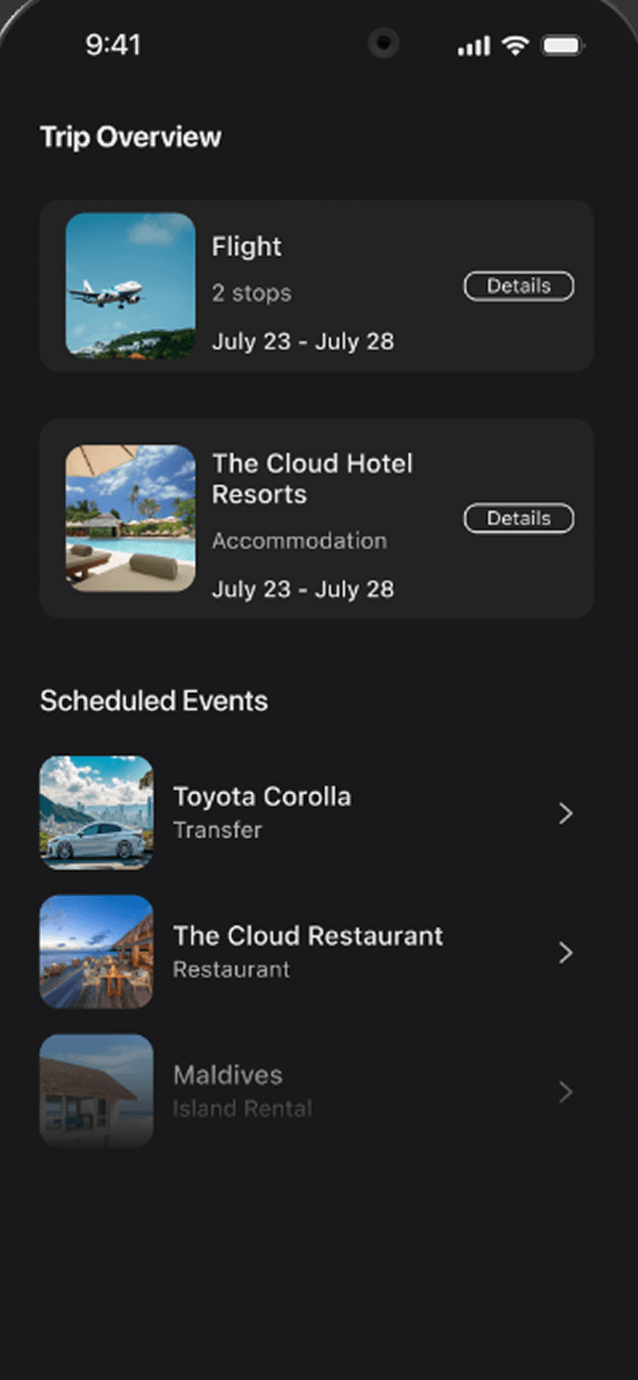 Alterego Travel app — trip overview with flight, hotel and scheduled events